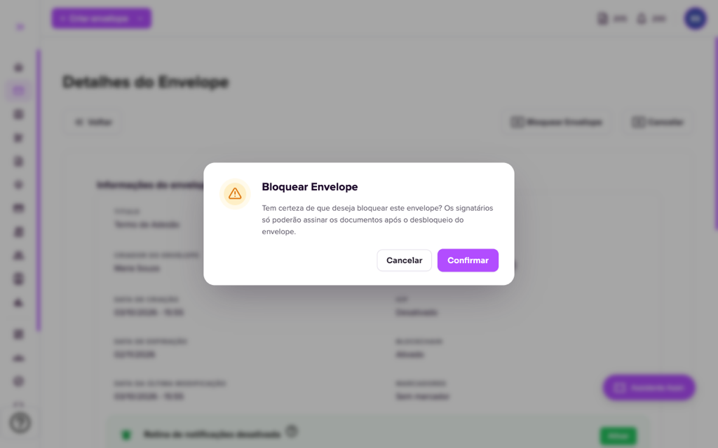 Confirmação para bloquear o envelope