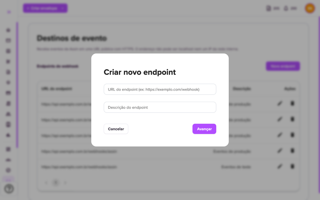 Janela Criar novo endpoint