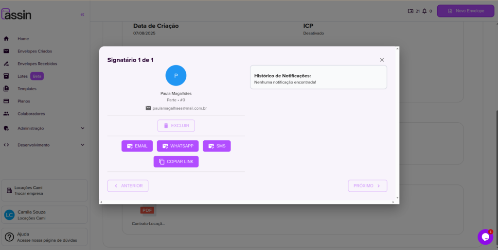 Ventana de detalles del firmante, donde puede copiar el enlace para la firma
