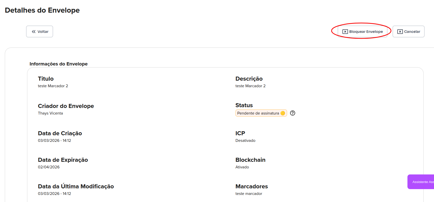 Botão bloquear envelope