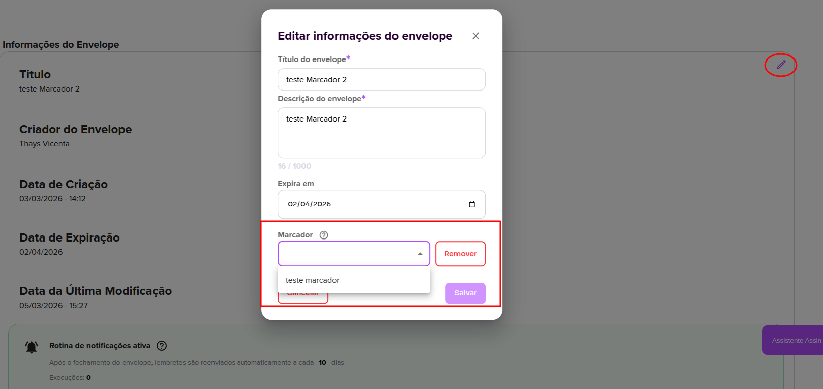 Editar marcador do envelope