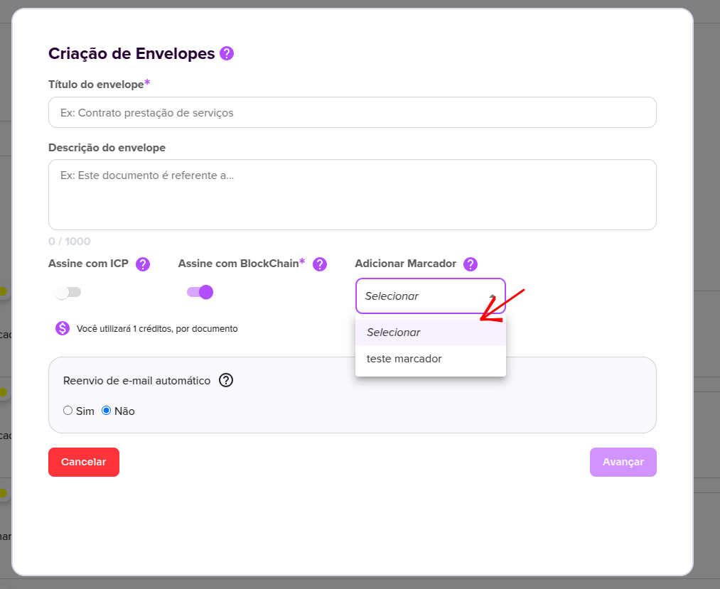 Campo marcador na criação do envelope