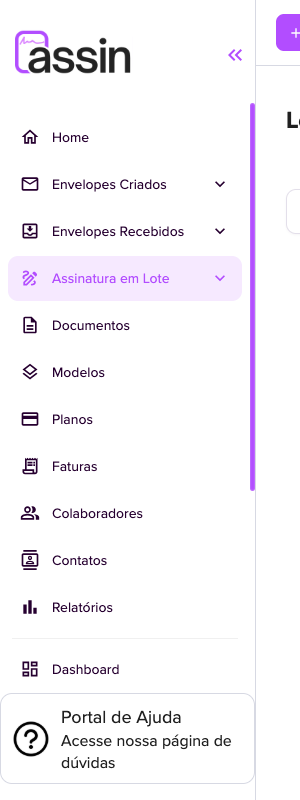 Menu Assinatura em Lote com as opções Marcadores e Enviados