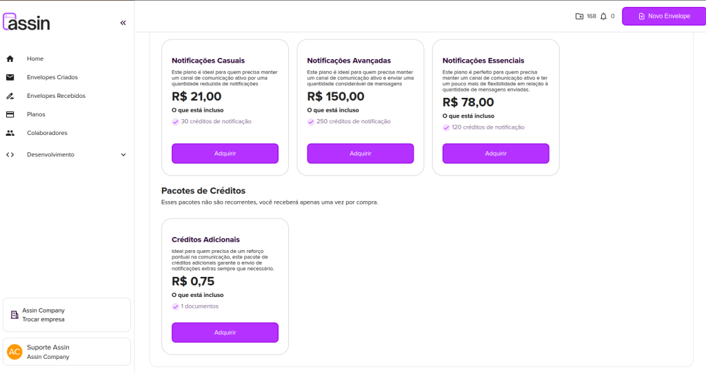 Paquetes de créditos adicionales en la plataforma Assin: notificaciones casuales, notificaciones avanzadas, notificaciones esenciales y créditos adicionales