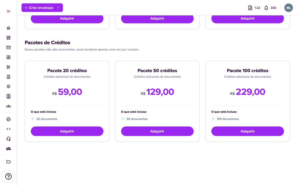 Pacotes de Créditos na tela de Planos