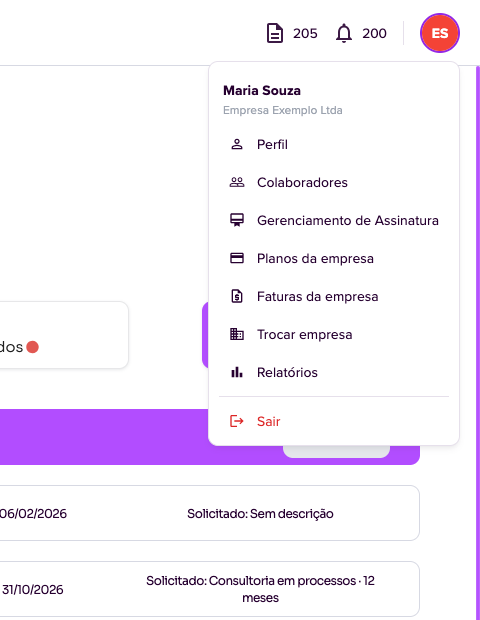 Menu do usuário