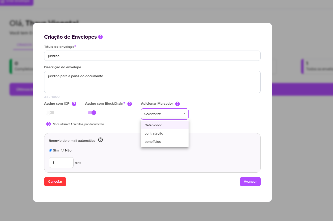 Envelope creation form