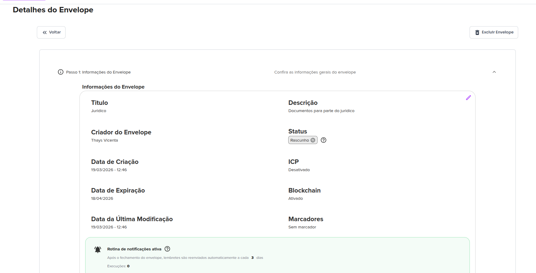 Envelope information screen