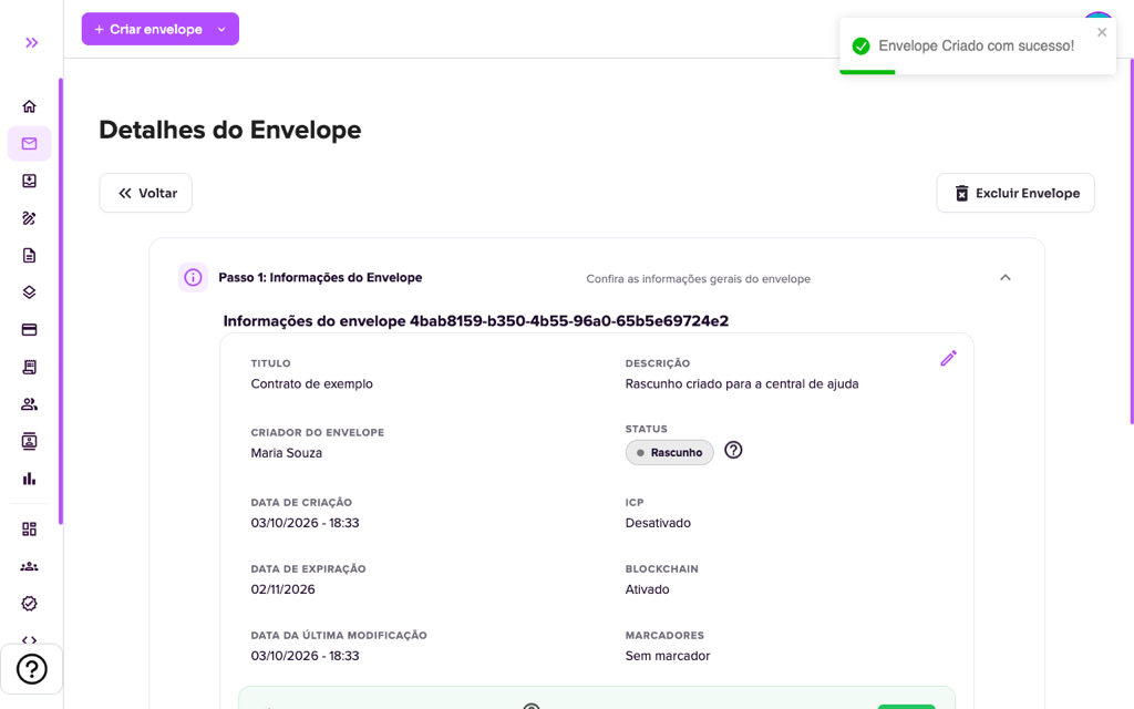Tela de detalhes do envelope com o ícone de lápis para editar
