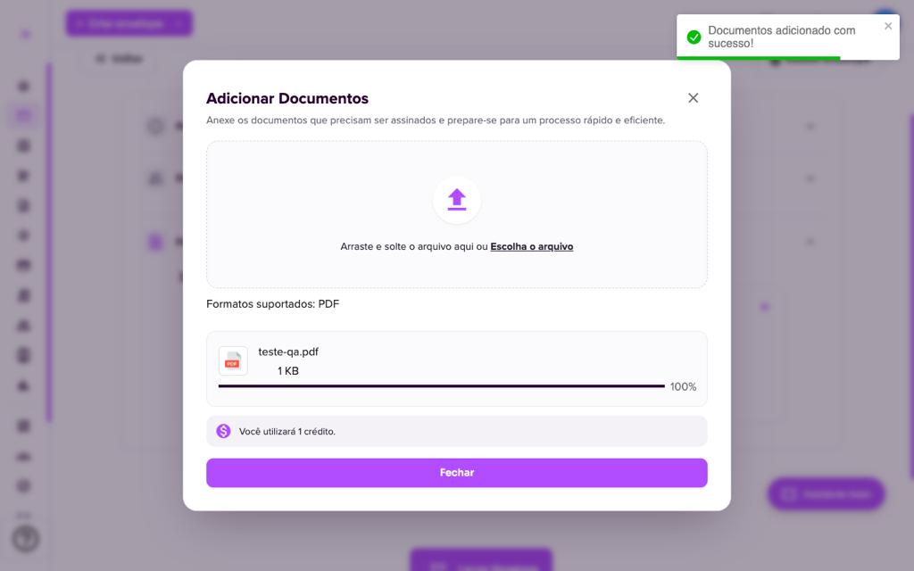 Modal Adicionar Documentos com arquivo enviado
