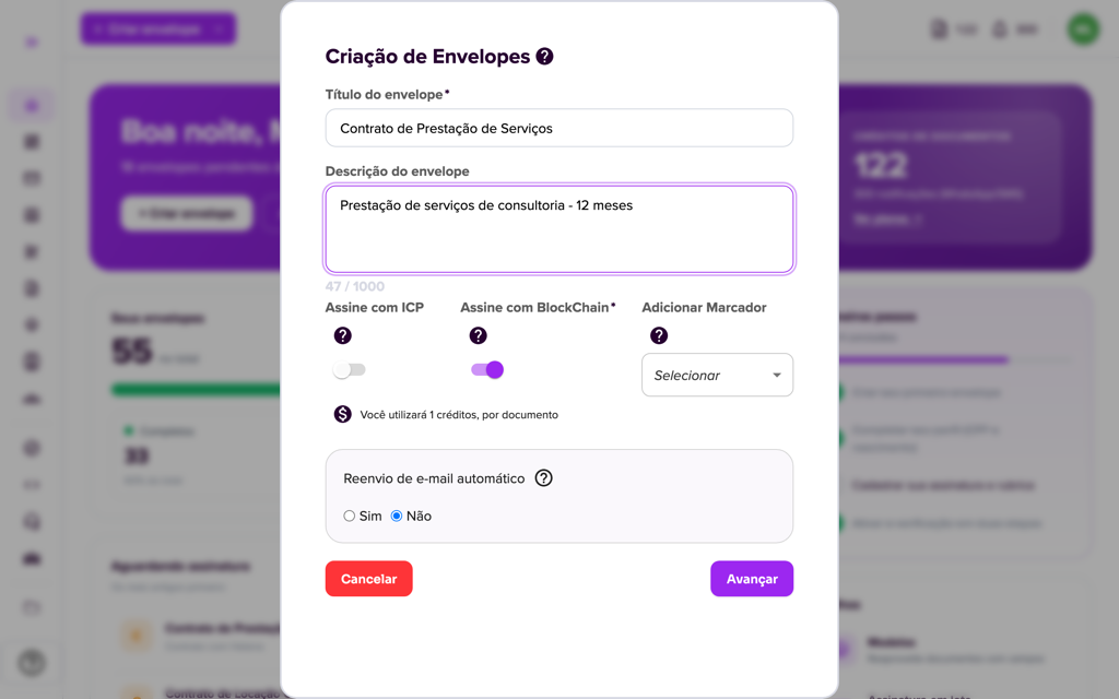 Formulário de criação do envelope com o campo Adicionar Marcador