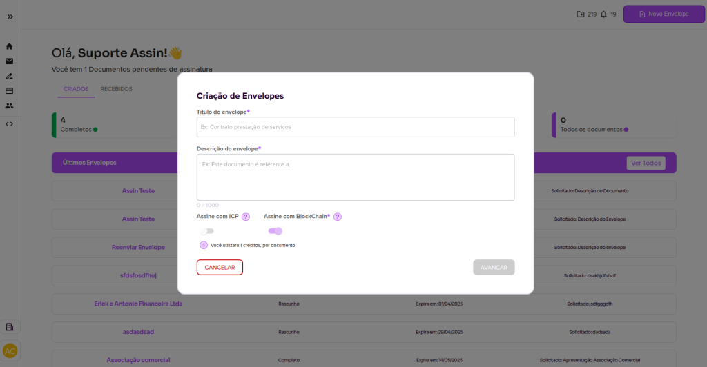 Envelope creation form
