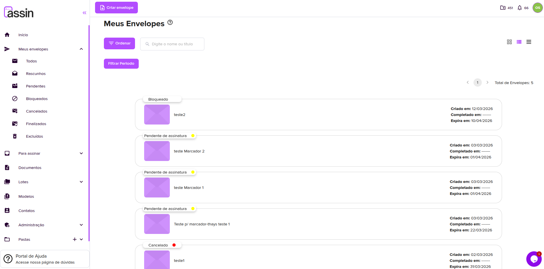 Tela de listagem de envelopes