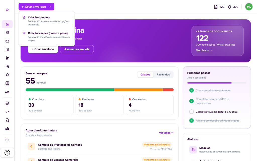 Menu do botão Criar envelope com as opções Criação completa e Criação simples