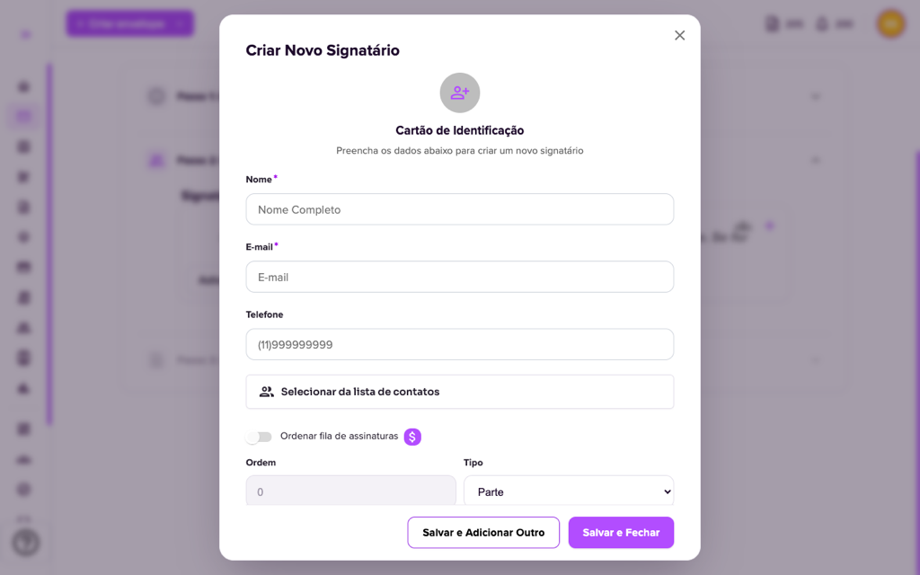 Modal Criar Novo Signatário