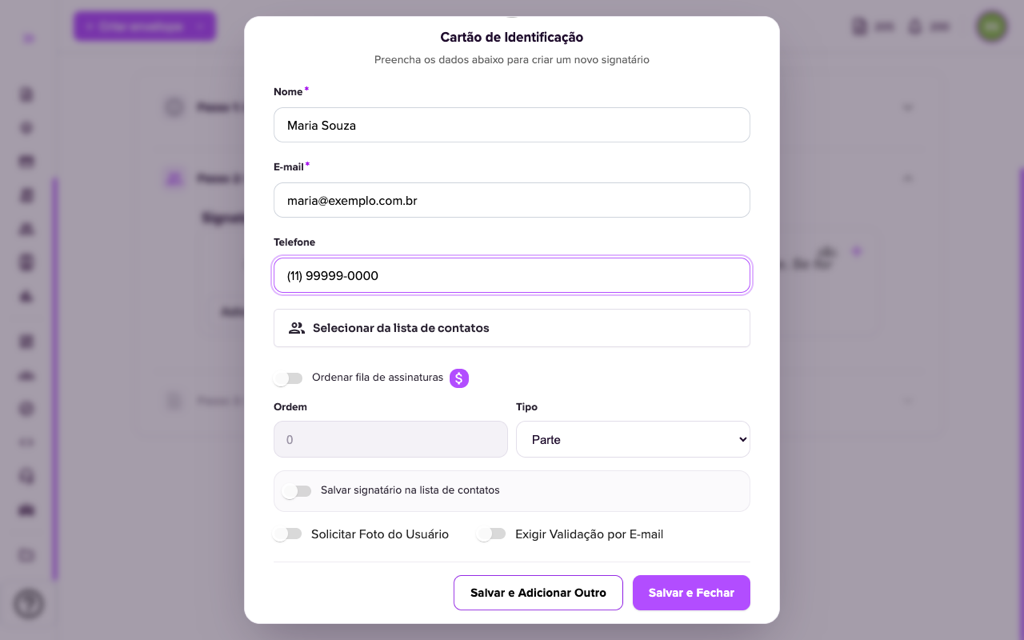 Opções do signatário: ordem, tipo, contatos, foto e validação por e-mail