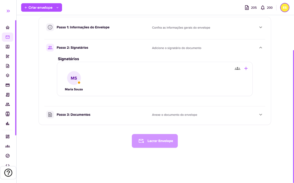 Passo 2 com o signatário adicionado