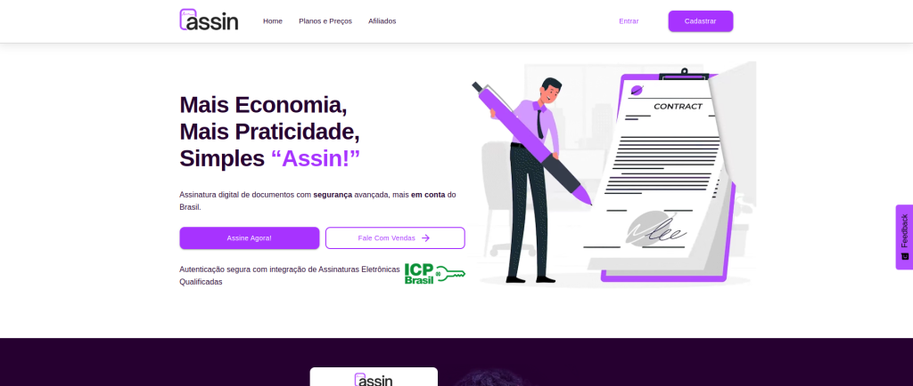 Assin website screen showing the menu to create an account