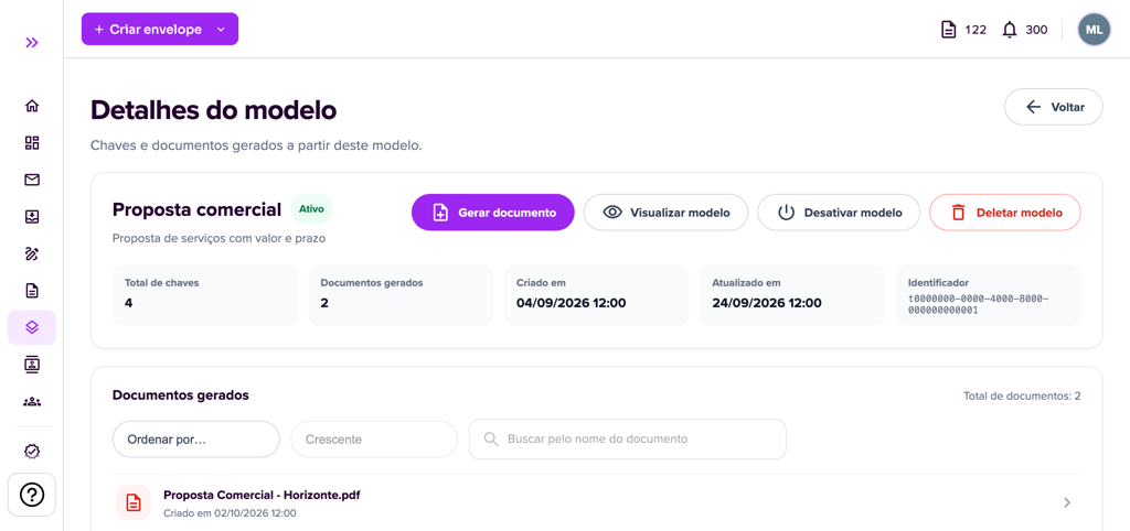 Detalhes do modelo com os botões de ação e a lista de documentos gerados