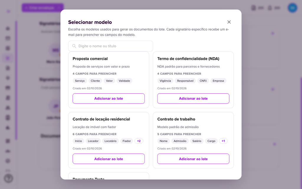 Janela Selecionar modelo com busca e cartões