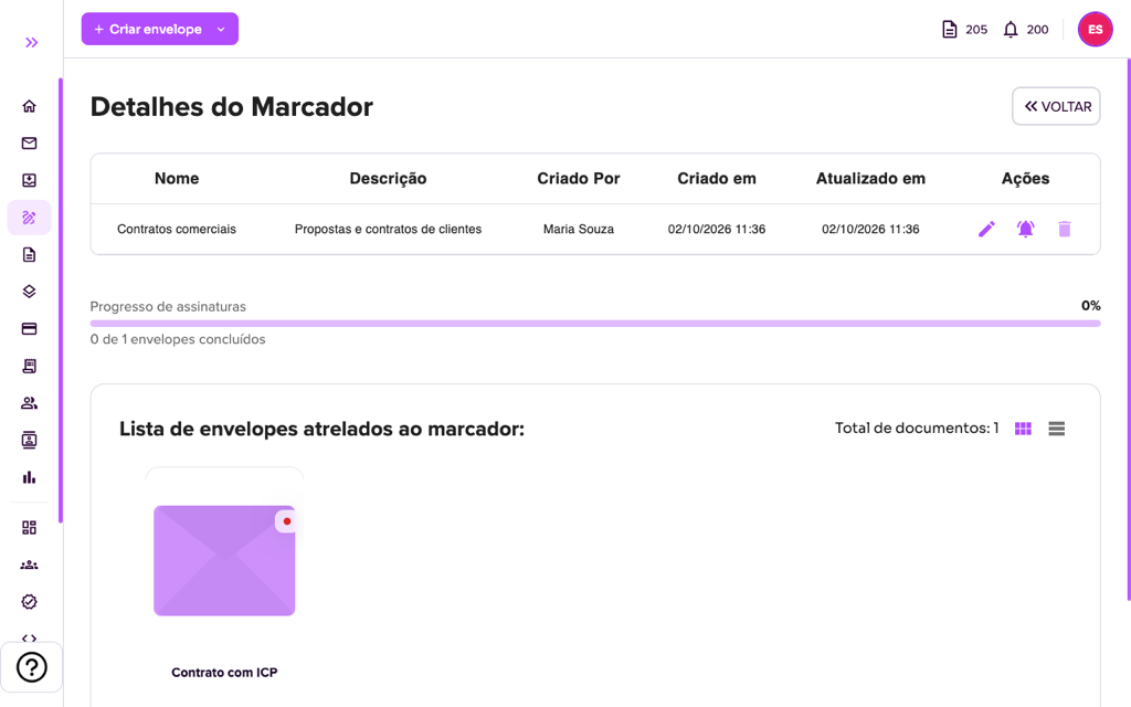 Detalhes do marcador com o ícone de sino em Ações