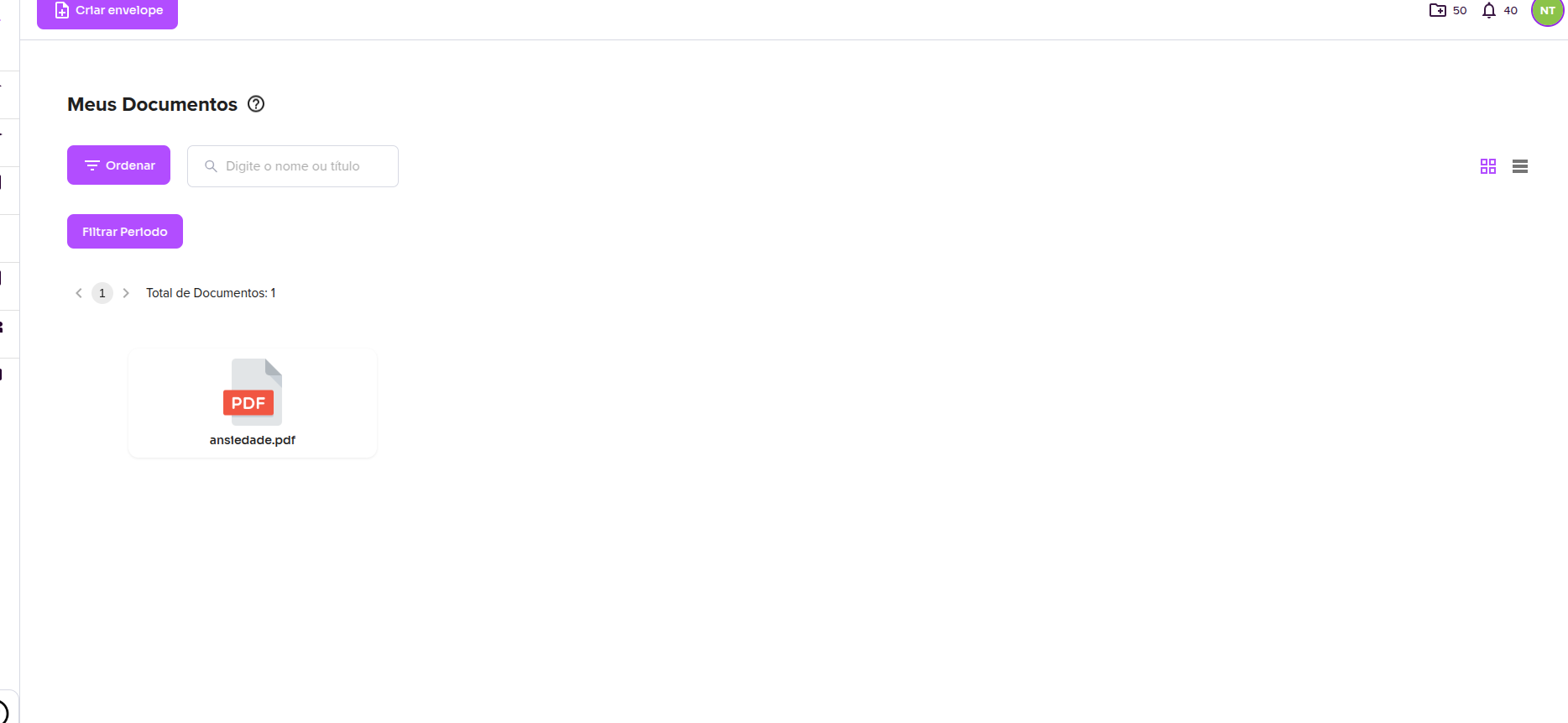 Tela de documentos - Usuário comum