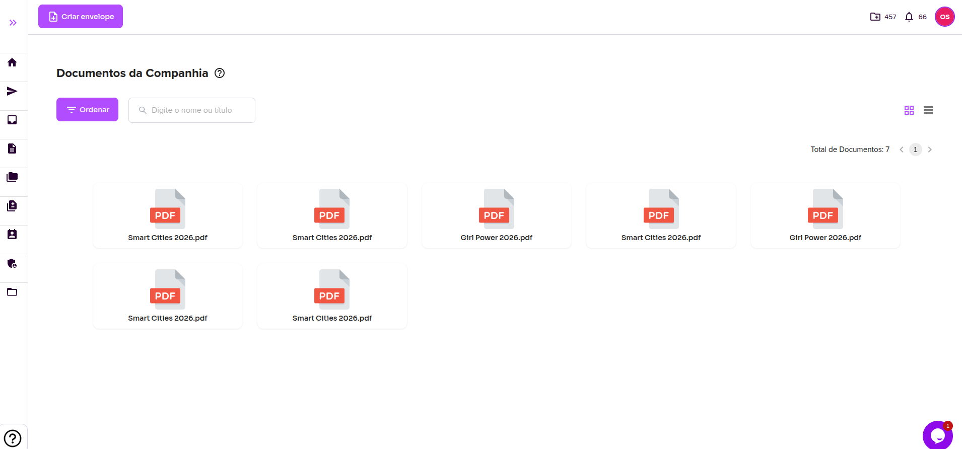 Tela de documentos - Administrador