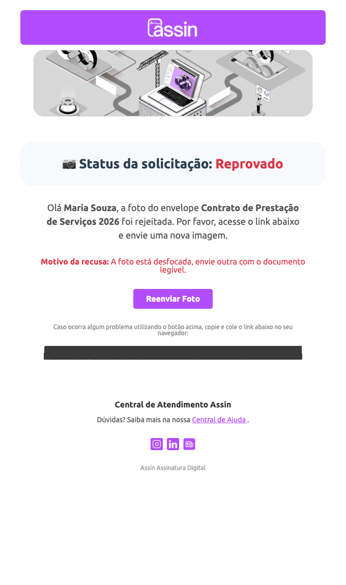 E-mail de foto reprovada