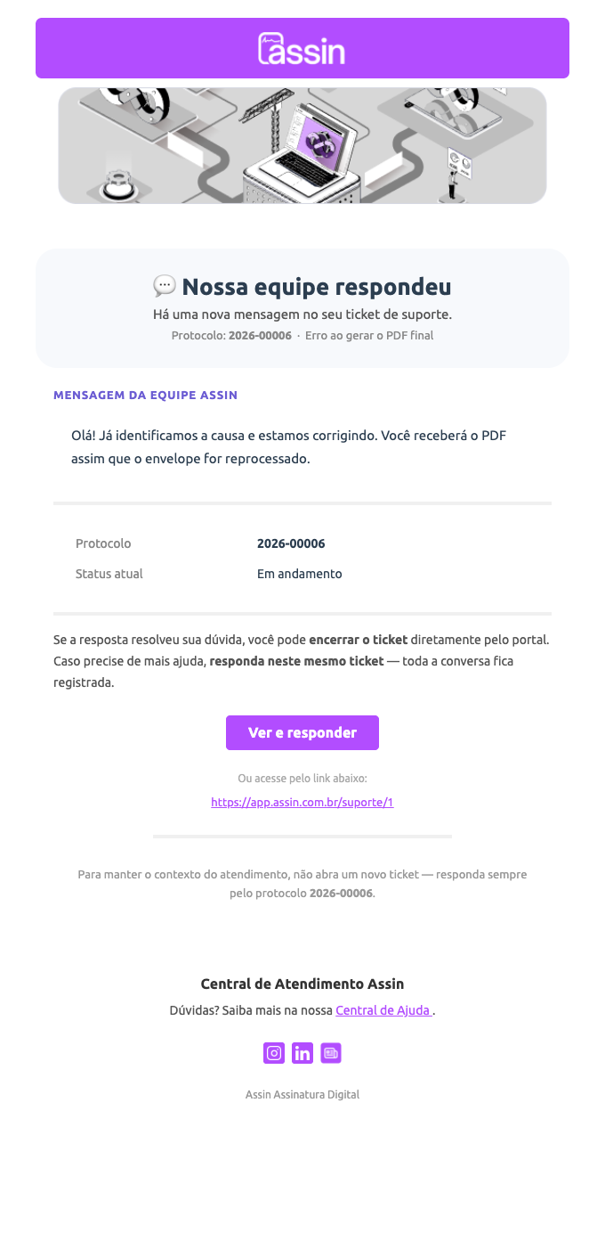 E-mail Nossa equipe respondeu