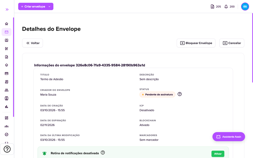 Detalhes do envelope pendente com os botões Bloquear Envelope e Cancelar
