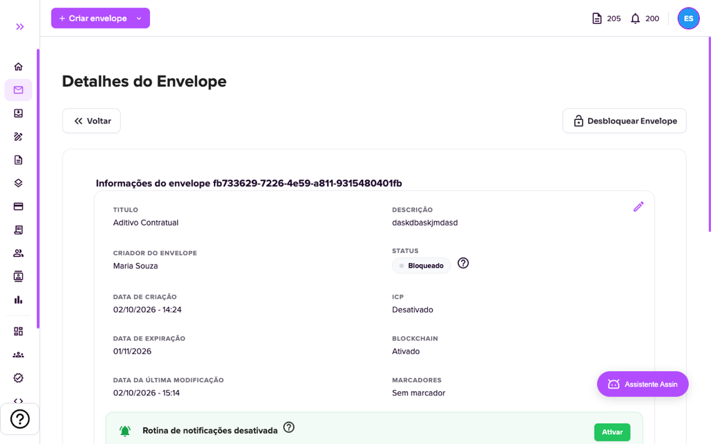Envelope bloqueado com o ícone de lápis e o botão Desbloquear Envelope