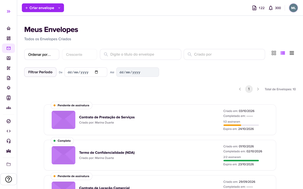 Lista Meus Envelopes com os status de cada envelope