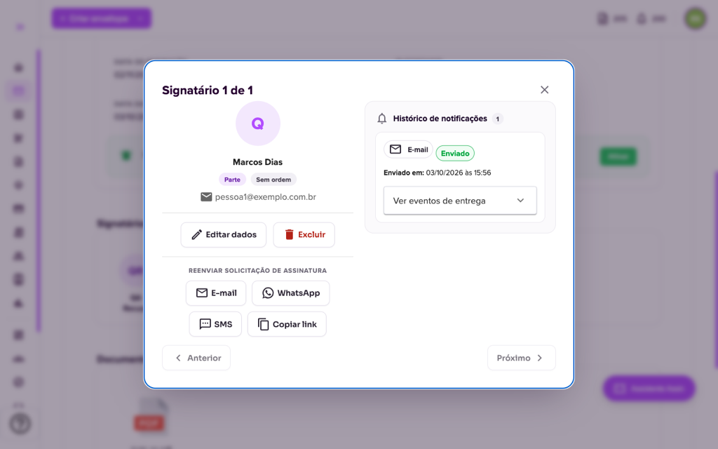 Janela do signatário com os botões E-mail, WhatsApp, SMS e Copiar link