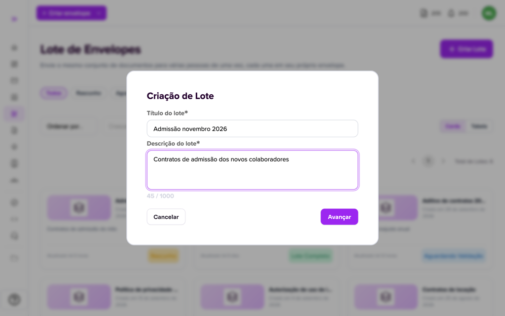 Janela Criação de Lote