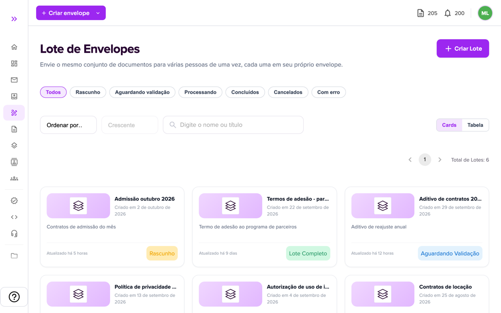 Lista de lotes de envelopes