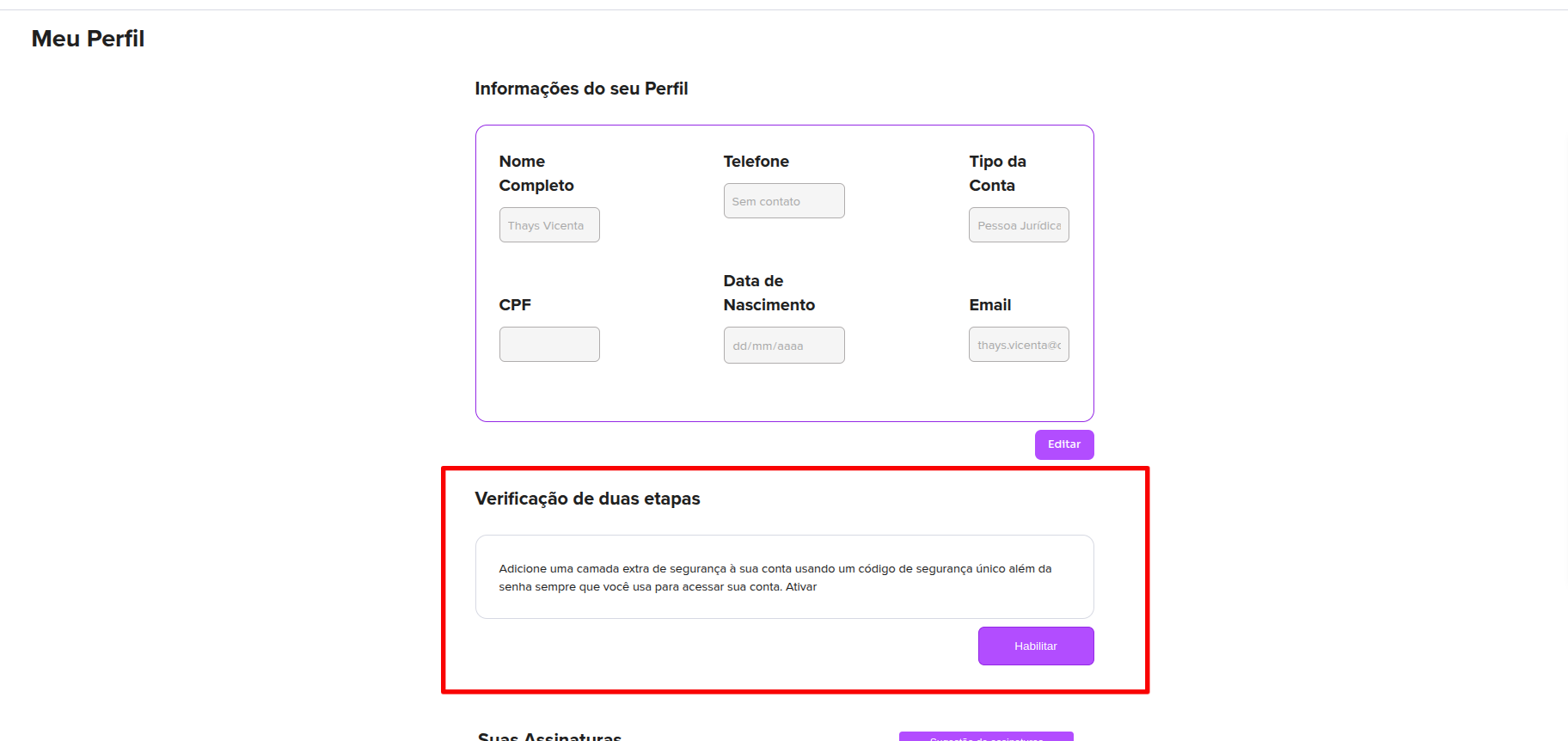 Seção de verificação em duas etapas no perfil