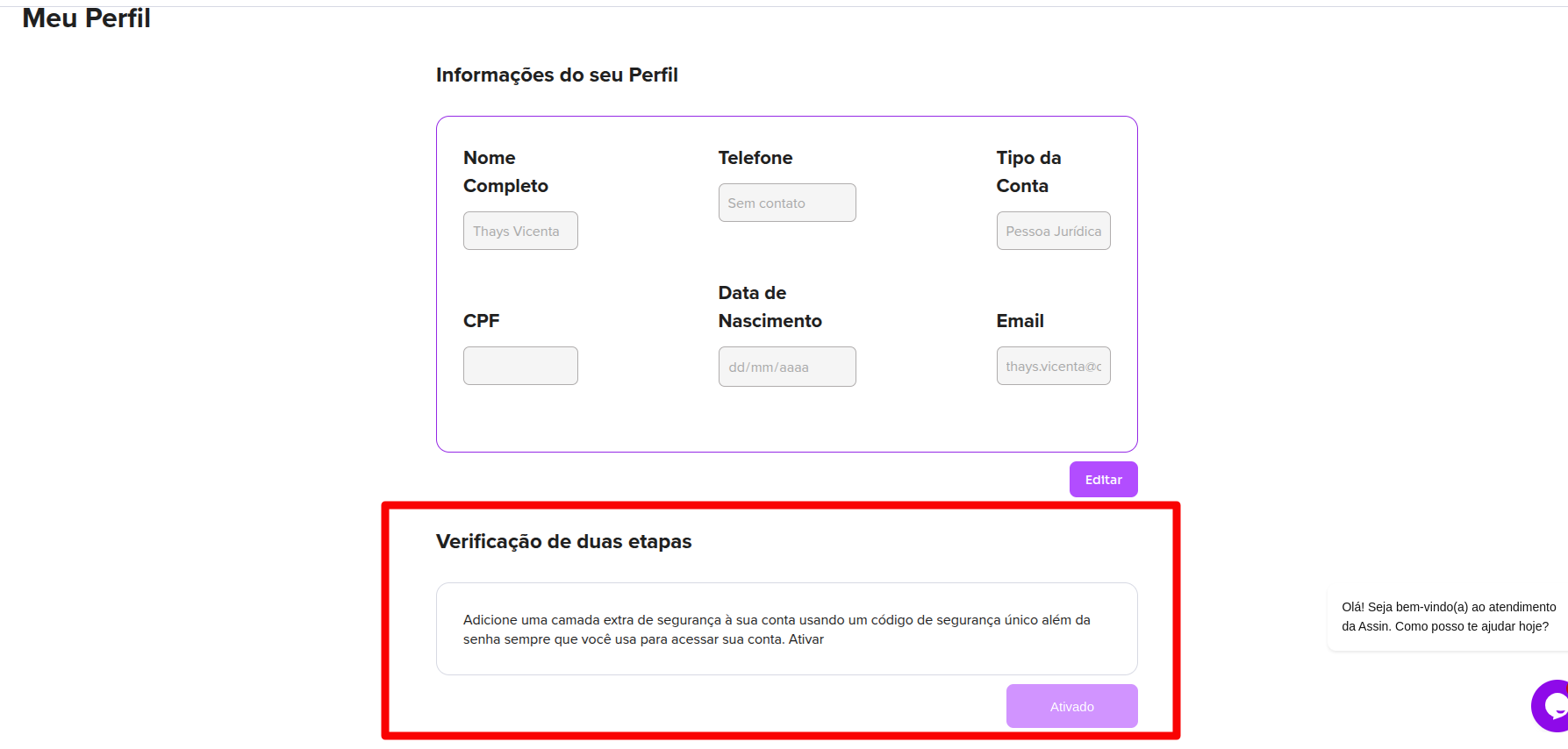Status da verificação em duas etapas ativada