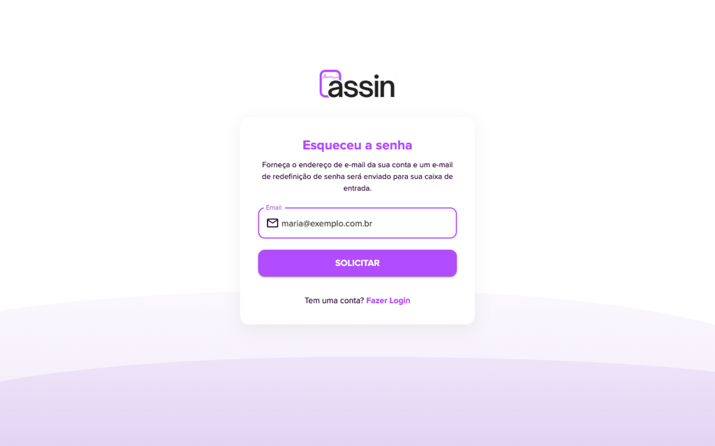 Tela Esqueceu a senha com o campo de e-mail