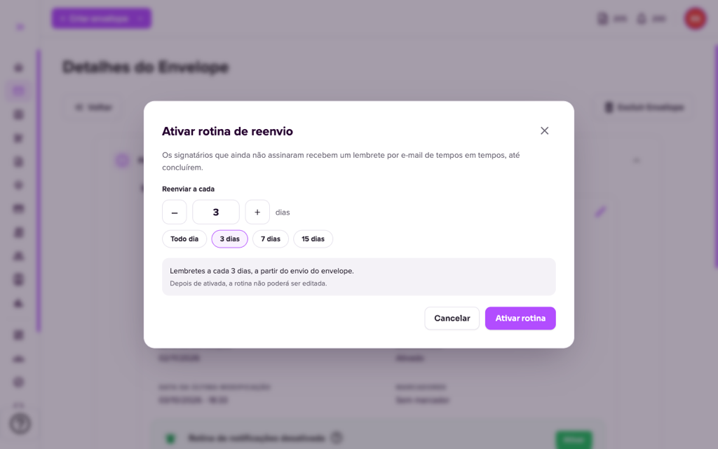 Janela Ativar rotina de reenvio