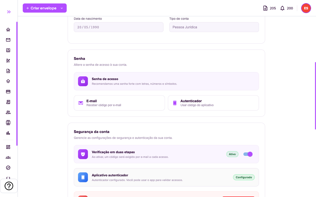 Opções de código para alterar a senha