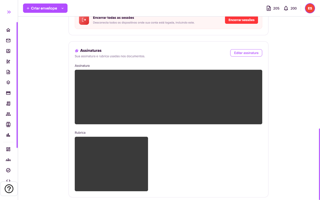 Seção Assinaturas do perfil (imagens cobertas)