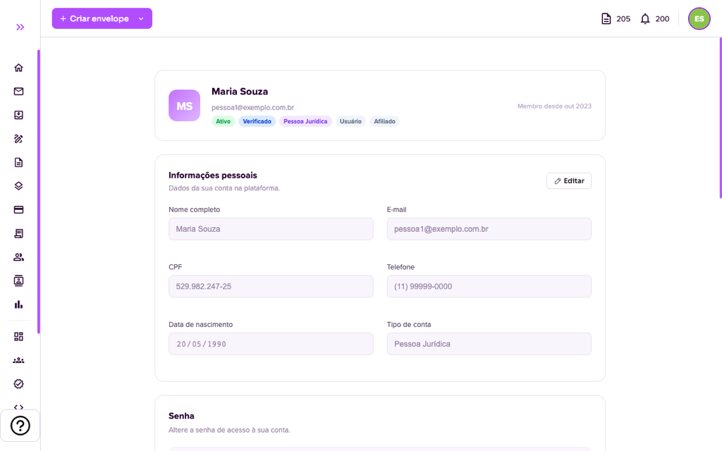 Página de Perfil com as informações pessoais