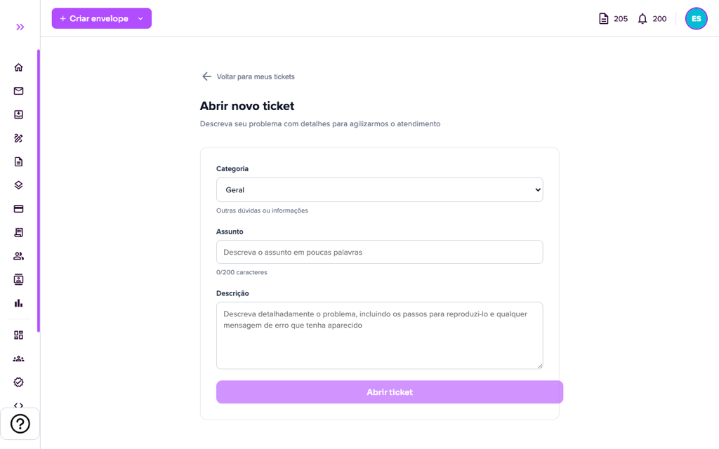 Formulário Abrir novo ticket