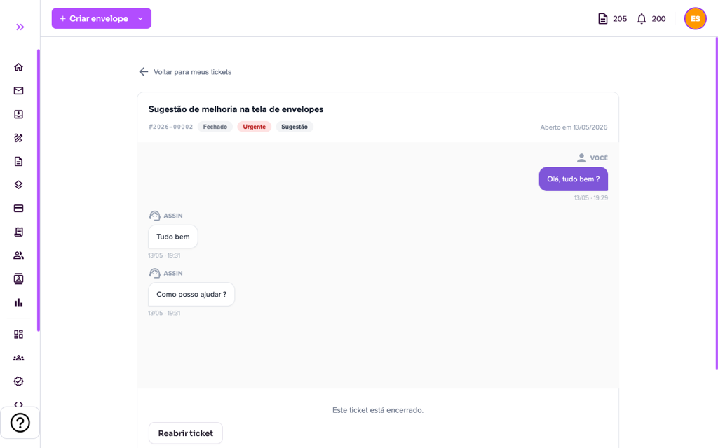 Ticket encerrado com opção de reabrir e avaliação por estrelas
