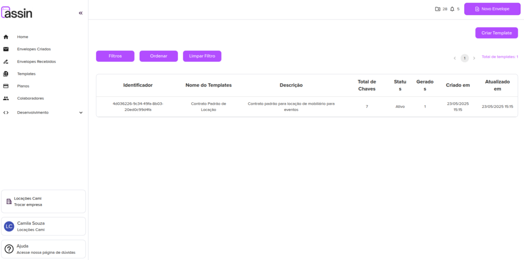 Pantalla de lista de plantillas de la plataforma Assin.