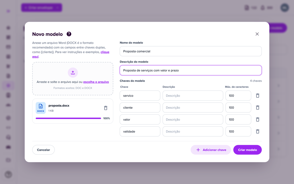 Janela Adicionar Documentos para criar o modelo