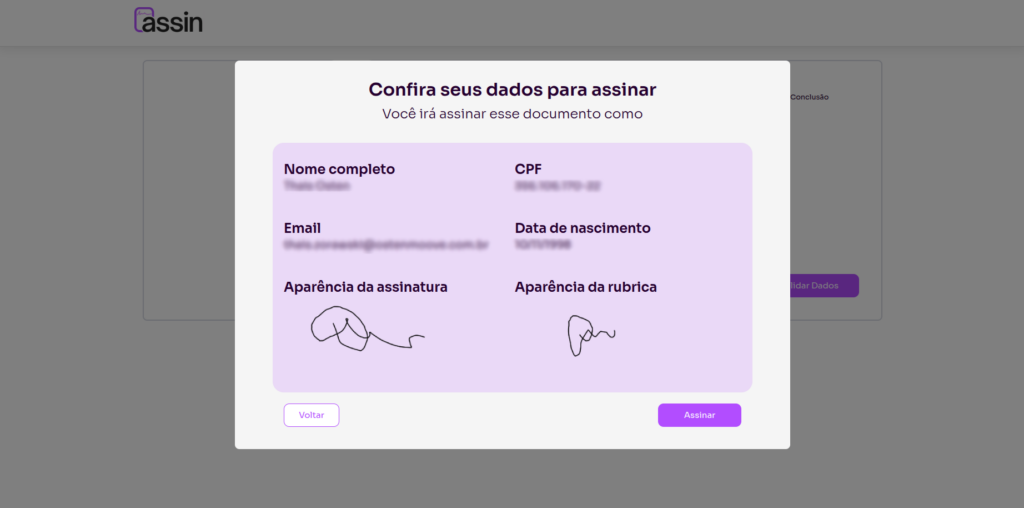 Tela de confirmação dos dados da assinatura