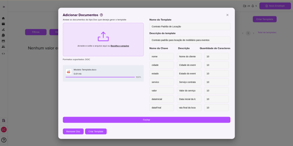 Modal de criar template da plataforma Assin.
