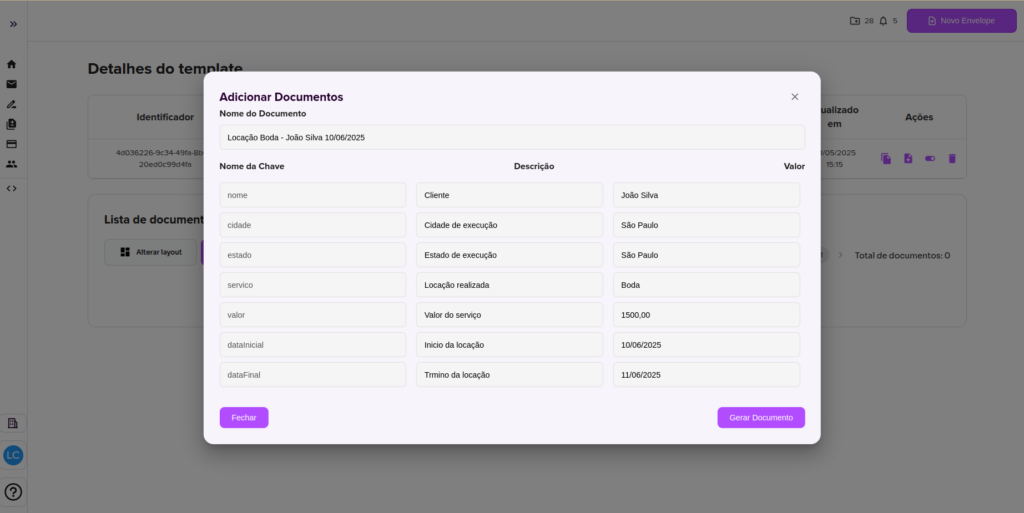 Modal de Adicionar Documentos através de template da plataforma Assin