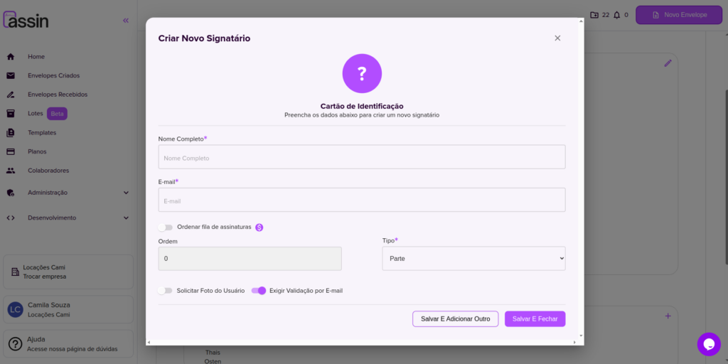 Janela aberta para criar um novo signatário